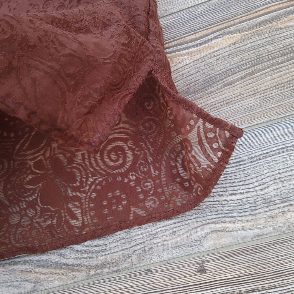 Brown Patterned Semi Sheer Button Down Front Blou… - image 7